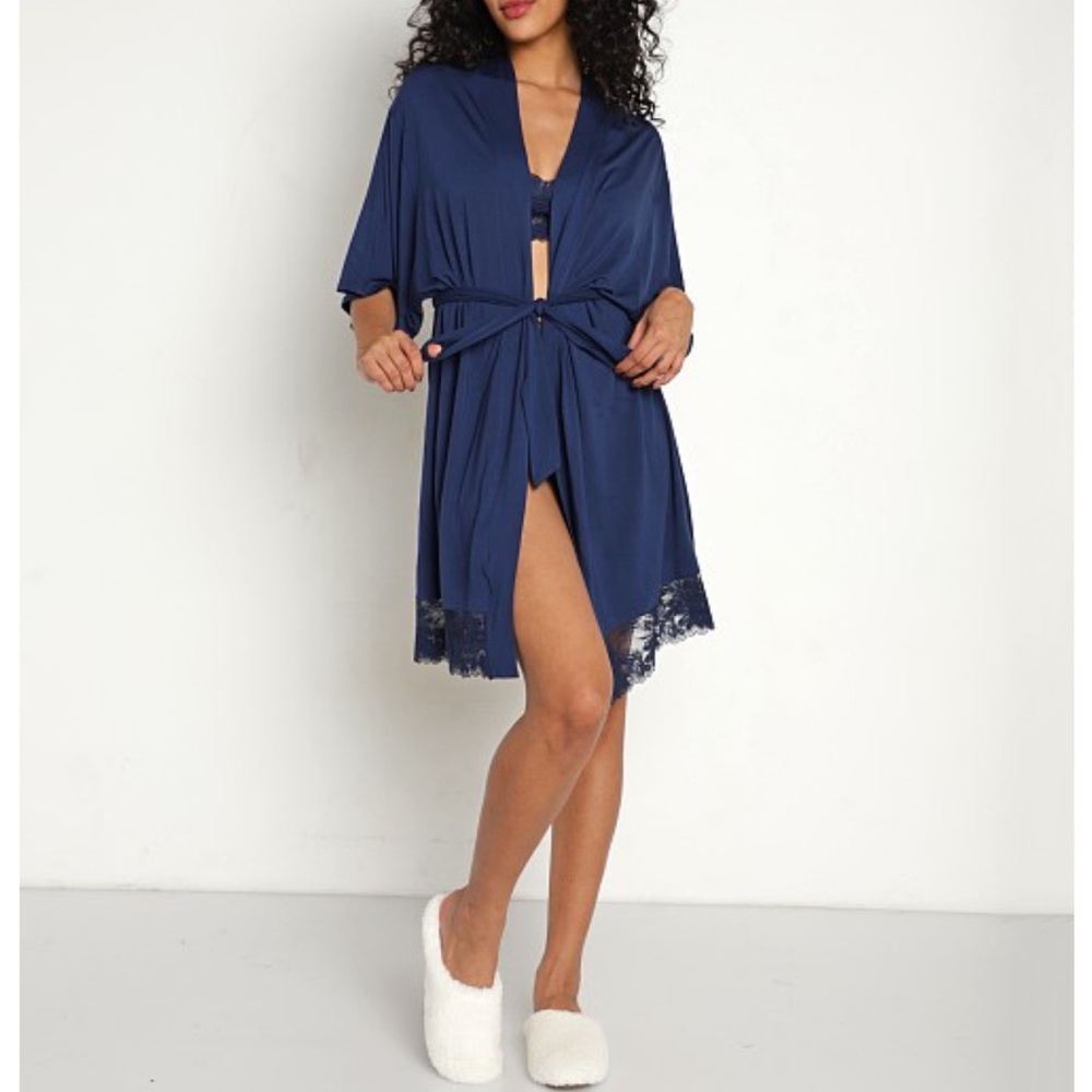 Eberjey Navy Blue Lace Trim Short Robe
